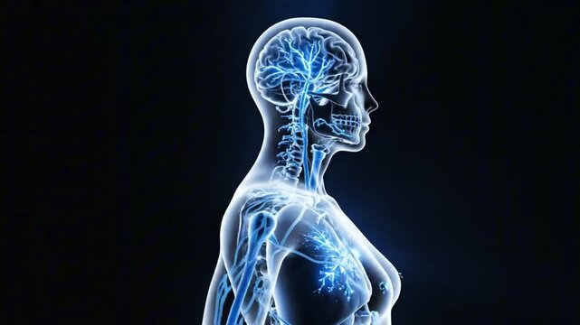 D illustration of human profile with glowing brain and nervous system