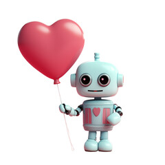 Cute robot holding a heart shaped balloon isolated on white or transparent  background, fun love and Valentine's day or birthday png cut out