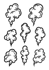 Collection of nine black line art illustrations showcasing comic book style smoke steam and vapor clouds ideal for retro design elements tattoo art or hot product branding