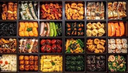 木製の仕切りに料理が整然と並ぶ日本料理ビュッフェバイキングの多彩な惣菜風景