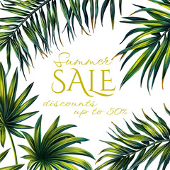 Illustration of tropical palm leaves. Frame with an exotic plant. Botanical wedding invitation template. Floral decoration for a card