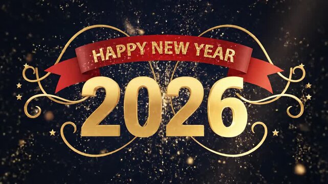 New year 2026 celebration with fireworks and festive banner