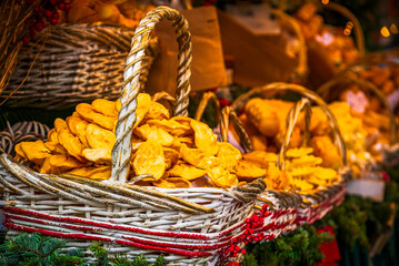 Krakow, Poland. Ryenek Christmas Market stall with traditional sweets