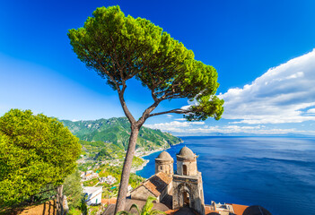 Ravello, Amalfi Coast. Peaceful hill town in Italy with beautiful church, cypress trees and sweeping sea view.