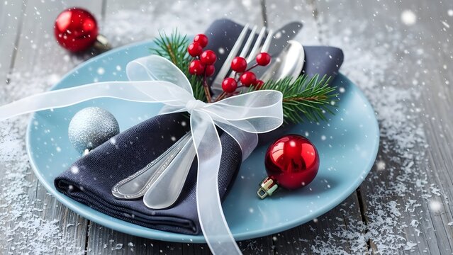 Festive christmas table setting with silverware and holiday decorations
