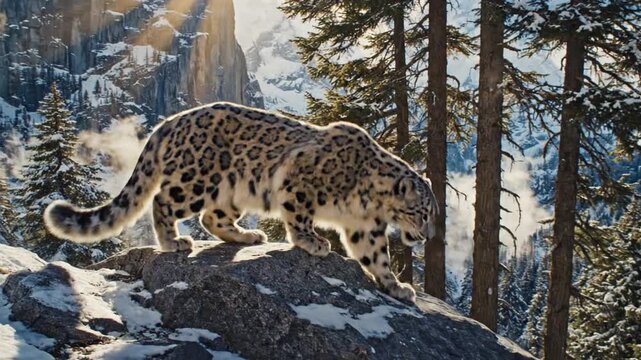 Snow leopard strides across rocky snow beneath pines, sunlit breath curling in dawn air. Soft winds