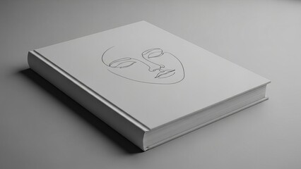 White book with a continuous line art drawing of a minimalist face on the cover, mock up for novel or art catalog design.