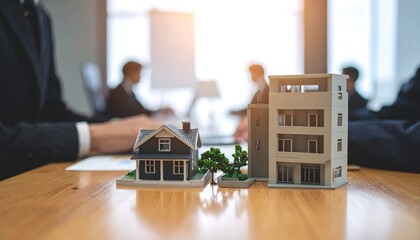複数の建物模型を前に不動産収益物件購入運用を話し合うビジネスマンたちの商談