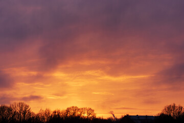 Warm glowing sunset sky with dramatic clouds above winter tree silhouettes