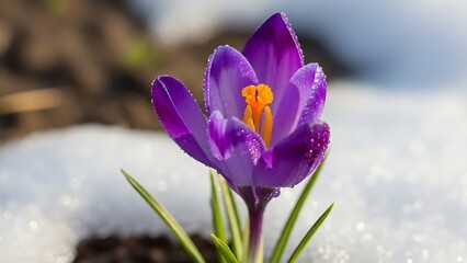 Vibrant purple crocus blooming through snow is a breathtaking symbol of spring's arrival and resilience in the face of winter's chill