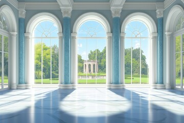 Naklejka premium Sunlight illuminates blue grand hall through large windows in palace or castle, surrounded by lush greenery