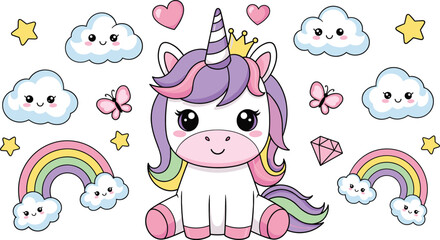 Cute unicorn surrounded by rainbows, clouds, stars, hearts, and butterflies in adorable pastel kawaii fantasy style illustration