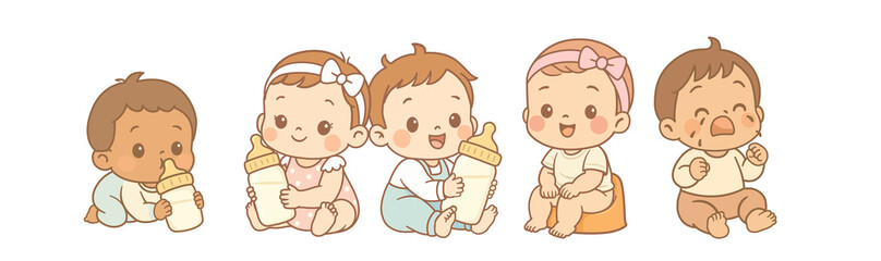 Cute Kawaii Babies with Bottles – Pastel Baby Illustration Set, Feeding, Sitting and Crawling Toddlers