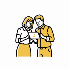 Minimal Coworkers Checking Productivity Metrics with Focused Expressions &ndash; Vector Line-Art Illustration