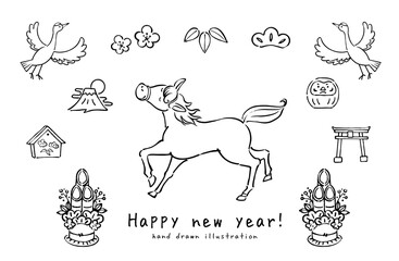 年賀イラスト 馬とお正月の手描き素材セット