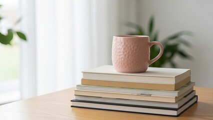 Coffee Mug on Stack of Books with Soft Natural Lighting for Cozy Home Inspiration