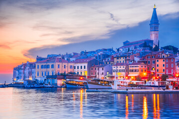 Rovinj, Croatia. Marina sunset, Dalmatia coastline city in Istria Peninsula.