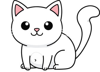 Cute white cartoon cat sitting happily with big eyes and long tail in adorable kawaii animal vector illustration