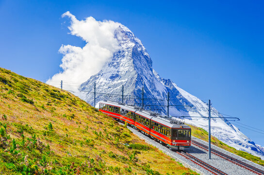 Zermatt, Switzerland. Gornergrat railway and Matterhorn pyramid-like mountain.