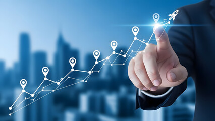 Business growth concept with businessman touching glowing line and rocket at top