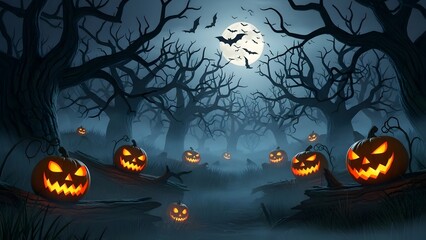 Spooky autumn night illustration with scary black silhouettes of bats and orange pumpkins for a Halloween celebration design