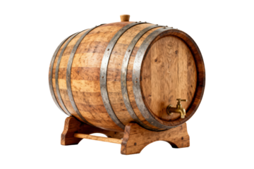 Traditional wooden barrel with metal bands and spigot for storage