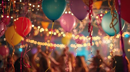 Celebration event with colorful balloons party venue festive ambiance lively environment joyful atmosphere