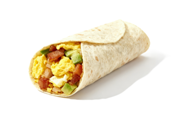 Delicious breakfast burrito with eggs bacon and avocado