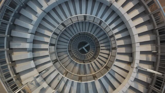 Aerial view looking down a large, spiral staircase with metal handrails, steps in gray
