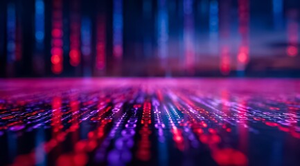 Computer screen with a purple and red background and a series of blue and red lines