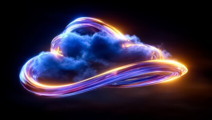 Glowing cloud with a heart shape in the middle. The cloud is surrounded by a spiral of bright colors