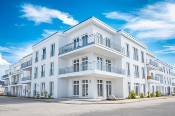 Large white building with a balcony and a lot of windows. The building is empty and the sky is blue
