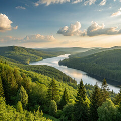 Panoramic Vista: Capture the beauty of a vast, winding river carving through a vibrant green valley, framed by lush forests under a dramatic, cloud-filled sky. 