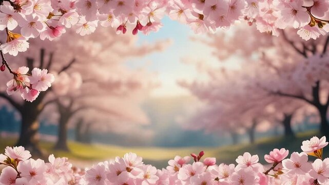 A beautiful border of pale pink cherry blossoms with an empty center, adding serenity to the visual design.