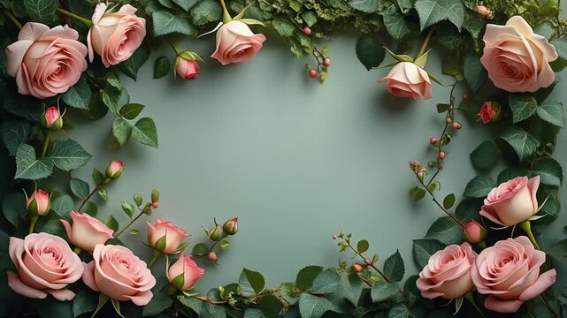 A soft floral frame of roses and ivy gently placed along the borders with minimal swaying, leaving an open center.
