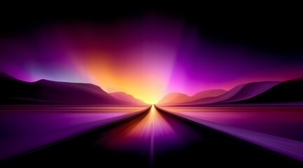 Fototapeta premium Long road with mountains in the background and a sunset in the foreground. The sky is purple and orange