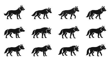 Obraz premium Set of Twelve Black Wolf Silhouette Icons - Various Poses Including Standing, Walking, and Howling Wolf Profiles Vector Isolated on White for Wildlife and Nature Design