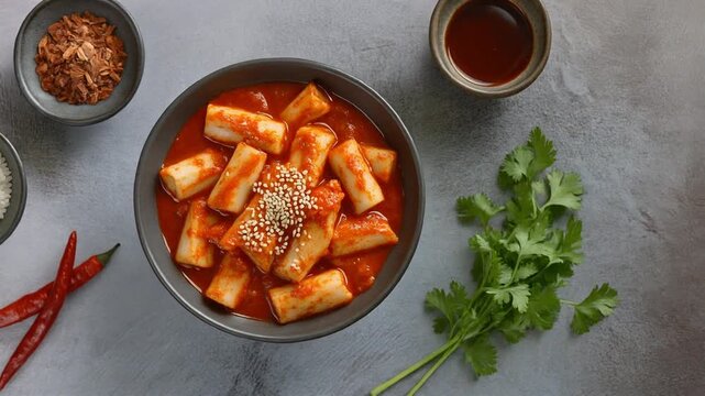 A bowl of Korean tteokbokki with fish cakes in a red sauce