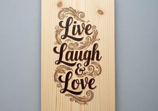 Rustic wooden board with live laugh and love text burnt by pyrography art calligraphy