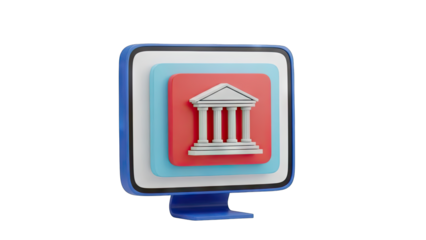 3D Icon Of A Stylized Bank Building Displayed On A Computer Monitor Screen With A Transparent Background