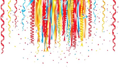 Vibrant celebratory streamers and confetti falling, perfect for party invitations, holiday designs, and festive announcements