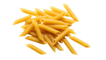 Pile of uncooked penne pasta on white background