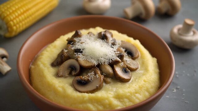 A warm bowl of creamy polenta with saut&eacute;ed mushrooms and Parmesan cheese