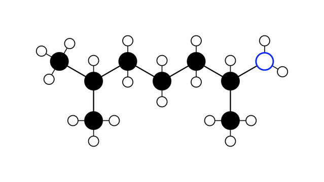 octodrine molecule, structural chemical formula, ball-and-stick model, isolated image stimulant drug