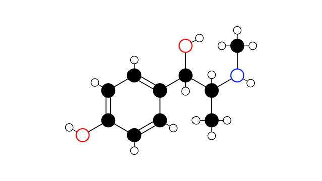 oxilofrine molecule, structural chemical formula, ball-and-stick model, isolated image stimulant drug