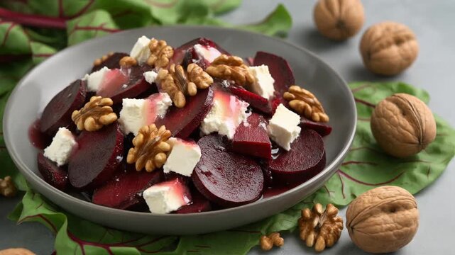 A fresh beetroot salad with roasted beetroot, goat cheese, and walnuts garnished with fresh herbs.
