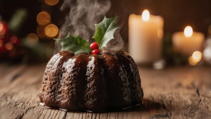 Hot steaming Christmas pudding with holly on a rustic wooden table.
