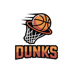 A logo of a basketball going through a hoop with the word dunks