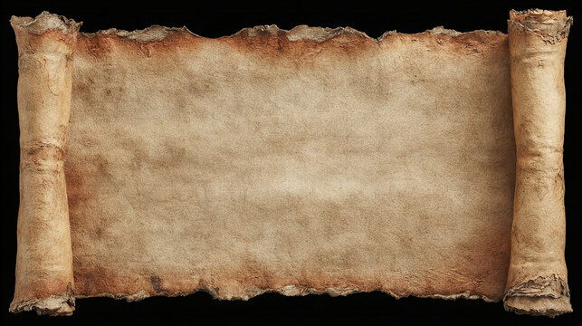 An ancient, aged scroll with tattered edges and a textured surface, unfurled against a dark background