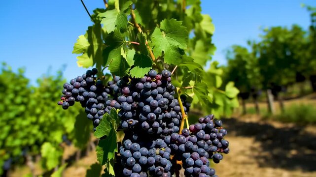 Close-up of ripe, dark grapes with green leaves on vines in a vineyard under a sunny blue sky